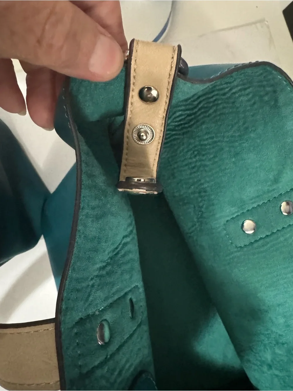 Teal Faux Leather bag within a bag and Beige short and long Straps